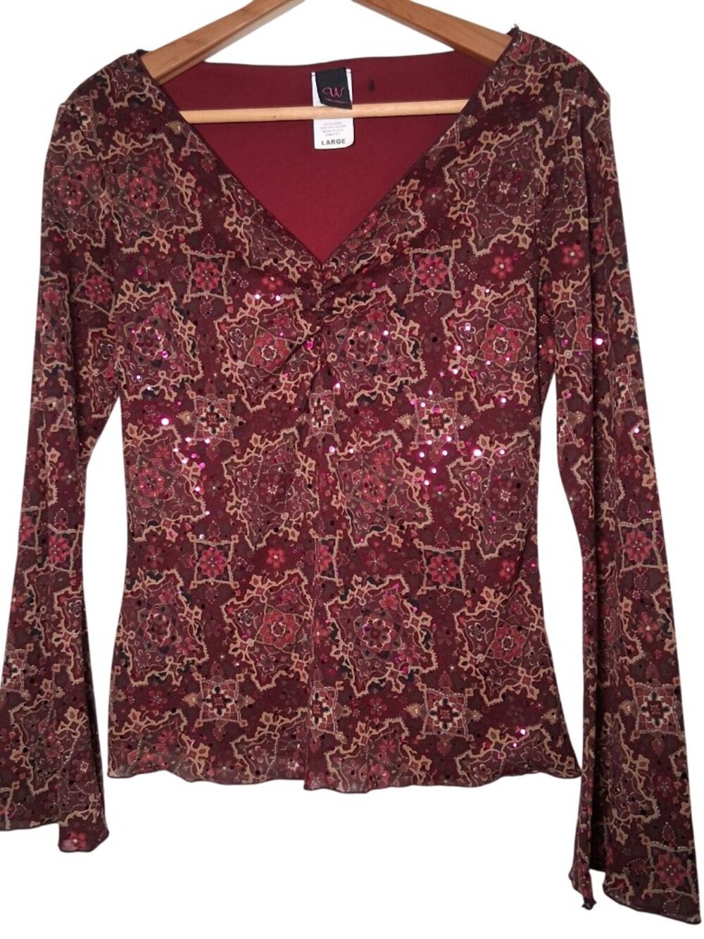 Vintage Y2K W Wrapper Shirt Large Maroon Pink Mirror Sequins Bell Sleeve USA